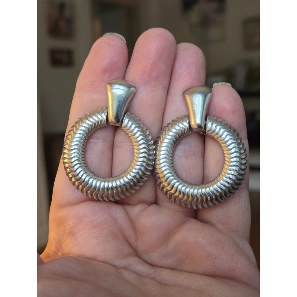 Trifari Silvertone Doorknocker Earrings Vintage